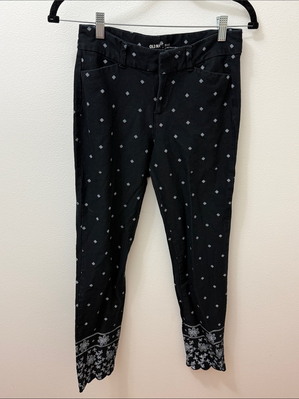 Old Navy Black Skinny Jeans with White Dot Print and Floral Hem